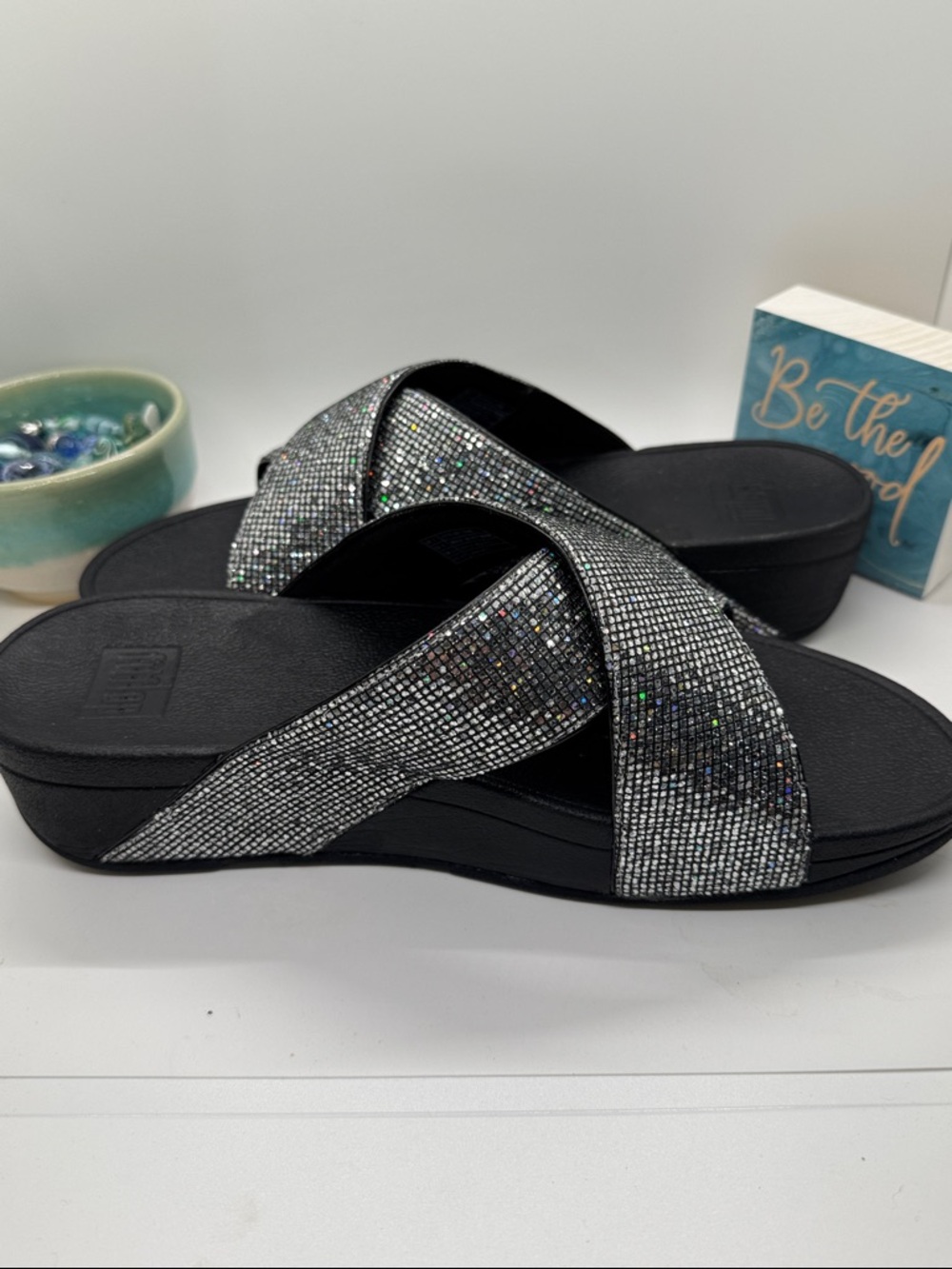 Fitflop LuLu, Black Iridescent Crystal Cross-Band Slides - Picture 8 of 9